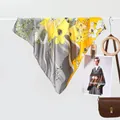 Classic yellow and grey square silk scarf with crane and cloud floral print design - Dusk Sea Yellow
