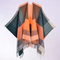 Chal de punto a cuadros para mujer con flecos en naranja verde y gris de invierno - Azul-Naranja Multicolor (Borla Cuadrada Multicolor Azul Naranja)