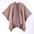 Thick brown wool blend shawl cape with open front for a cozy minimalist winter look - 150x120cm / Khaki