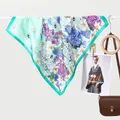 Elegant mint green floral silk scarf featuring hyacinths and butterflies for women - 70x70cm / Floral Butterfly Dark Green