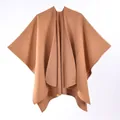 French style brown knit poncho shawl with thick warm fabric and open front design - 150x120cm / Camel