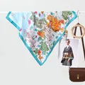 Elegant floral silk scarf in light blue with orange flowers and navy blue border - 70x70cm / Floral Butterfly Blue