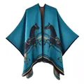 Dickes seeblaues Stricktuch mit elegantem Pferde-Jacquard-Muster für Damen - 135x155cm / Seeblau