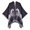 Women's knit poncho with elegant horse head jacquard pattern on high-quality black fabric - 135x155cm / Black