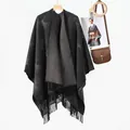 Chinese style charcoal gray ginkgo leaf jacquard pashmina shawl with tassel trim - One Size / Grey Camel