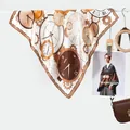 Silk-like fashion scarf featuring vintage clock and mechanical gear prints in coffee brown - Vintage Style / Coffee