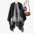 Women's thick knit shawl cape featuring grey horse motifs on a dark grey background - Black Stripe Horse