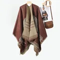 Fashionable thick cashmere-like split poncho wrap for women with animal patterns - Coffee Stripe Horse