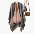 Women's reversible thick knit shawl featuring pink and grey horse jacquard pattern - Pink Stripe Horse