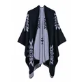 Châle poncho réversible pour femme avec motif de tournesol en tricot noir et gris - Noir Gris Lotus (4140455985392)
