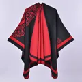 Thick warm double-sided poncho cape in red and black knit with geometric patterns - Double Sided Sunflower Red Black
