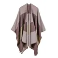 Detail of color-block striped shawl with premium stitching and thick knit texture - Rainbow Wide Stripe Khaki