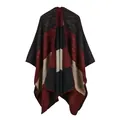 Detail of the thick knit texture and colorful stripe patterns on the poncho shawl - Rainbow Wide Stripe Red Black
