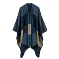 Detail of the soft knit texture and colorful stripe pattern on this women's shawl cape - Rainbow Wide Stripe Navy