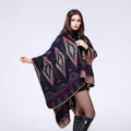 Ethnic geometric knitted poncho cape with navy diamond pattern for women fashion - Aztec Pattern