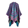 Macro detail of high-quality knitted poncho with geometric patterns and stripes - Geometric Stripe Purple