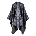 Knit open front poncho wrap with geometric pattern and stripes in black and grey - Geometric Stripe Black