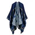 Star pattern cashmere-like knit poncho shawl with multicolored geometric stripes for women - Star Stripe Navy
