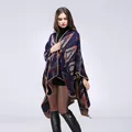 Thick geometric rhombus poncho cape in navy blue bohemian pattern with soft cashmere feel - Navy Blue Geometric Pattern