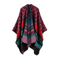 Detailed close-up of geometric knit shawl with colorful stripes and soft texture - Geometric Stripe Red
