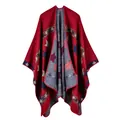 Detail shot of ethnic wine red starry shawl showing thick cashmere-like knit texture - Star Jacquard (17004) / Star Striped Red