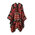 Poncho en tricot géométrique épais rouge et noir avec un motif ethnique élégant - 130x150cm / Rouge