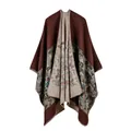 Detail of ethnic geometric print on thick knit shawl with contrast edge stitching - Space Dye Camo Coffee