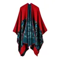 Detailed close-up of double-sided knit shawl with red and teal striped pattern and hemmed edge - Camouflage Red