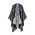 Detail of knit star pattern and ethnic colorful woven borders on charcoal grey shawl - Star Jacquard (17004) / Star Striped Gray