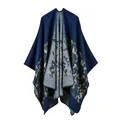 Detail view of the deep blue knit shawl featuring colorful ethnic patterns and clean edges - Camouflage Navy Blue