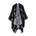 Detailed close-up of dark grey thick knit pashmina with star patterns and colorful trim - Star Jacquard (17004) / Star Striped Black