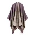 Detail view of purple and beige knitted poncho featuring geometric ethnic patterns - Light Purple Camouflage