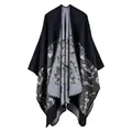 Detailed view of knitted shawl fabric with colorful abstract jacquard pattern - Camo Black