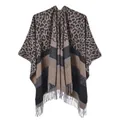 Women's leopard print and striped patchwork winter shawl with stylish tassel fringe - 130x150cm / Leopard Striped Black Coffee Tassel