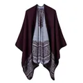 Elegant burgundy knit shawl cape with vintage grey lace pattern for formal autumn wear - Lace Pattern Wine Red / 135*155CM