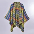 Close-up of colorful zigzag jacquard texture and fine stitching on thick poncho shawl - Hooded Multi-color Wave Yellow Green / 130x150cm