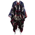 Close-up of ethnic geometric pattern and long black fringe on thick knit shawl - Indian Navy Blue