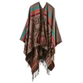 Close-up of bohemian geometric knit shawl with colorful patterns and black fringe trim - Cross Plum Coffee