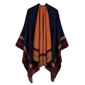 Navy and orange double-sided knitted shawl with geometric patterns and soft fringes - Striped Checkered / Navy Blue