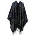 Close-up of geometric pattern and fringe details on thick faux cashmere cape - Black Grey Geometric
