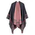 Women's pink and dark grey striped knit shawl cloak with classic plaid edge detail - Striped Checkered / Gray