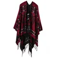 Detail of bohemian red knit shawl with ethnic geometric patterns and black fringe tassels - Cross Plum Red