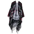 Close-up of geometric pattern and thick black fringe on ethnic knit shawl cape - Geometric Diamond Black