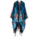 Ethnic geometric pattern thick knit shawl poncho with fringe trim in blue and orange - Indian Blue