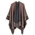 Women's knit shawl poncho with dual-tone brown and grey design and checkered hem trim - Striped Checkered / Khaki