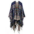 Detail of bohemian ethnic shawl with colorful floral patterns and fringe tassels - Cross Plum Navy