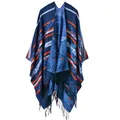 Close-up of geometric diamond pattern and black tassels on thick navy cashmere-like shawl - Dark Blue Geometric