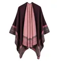 Women's burgundy and pink striped knit shawl wrap with elegant color block design - Striped Checkered / Coffee