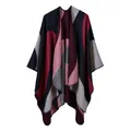 Women's color block geometric knit shawl in burgundy grey and black casual style - Caterpillar Black Red