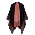 Detail of black knit shawl with orange and gray geometric patterns and fine stitching - Striped Checkered / Black Orange